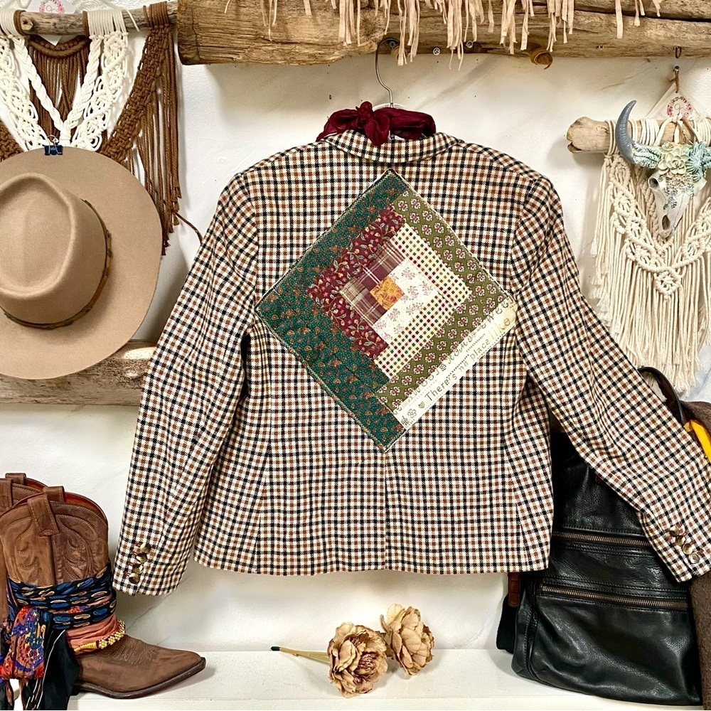 UPCYCLED patchwork detailing Wool boho blazer w equestrian cabin vibe